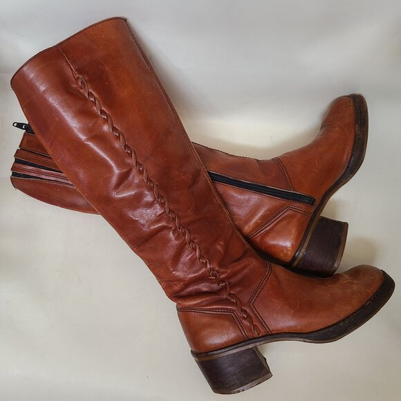 Vtg 70's Braided Brown Caramel Leather Campus Boots (7 B) Wild Card Brazil Read - Picture 1 of 16